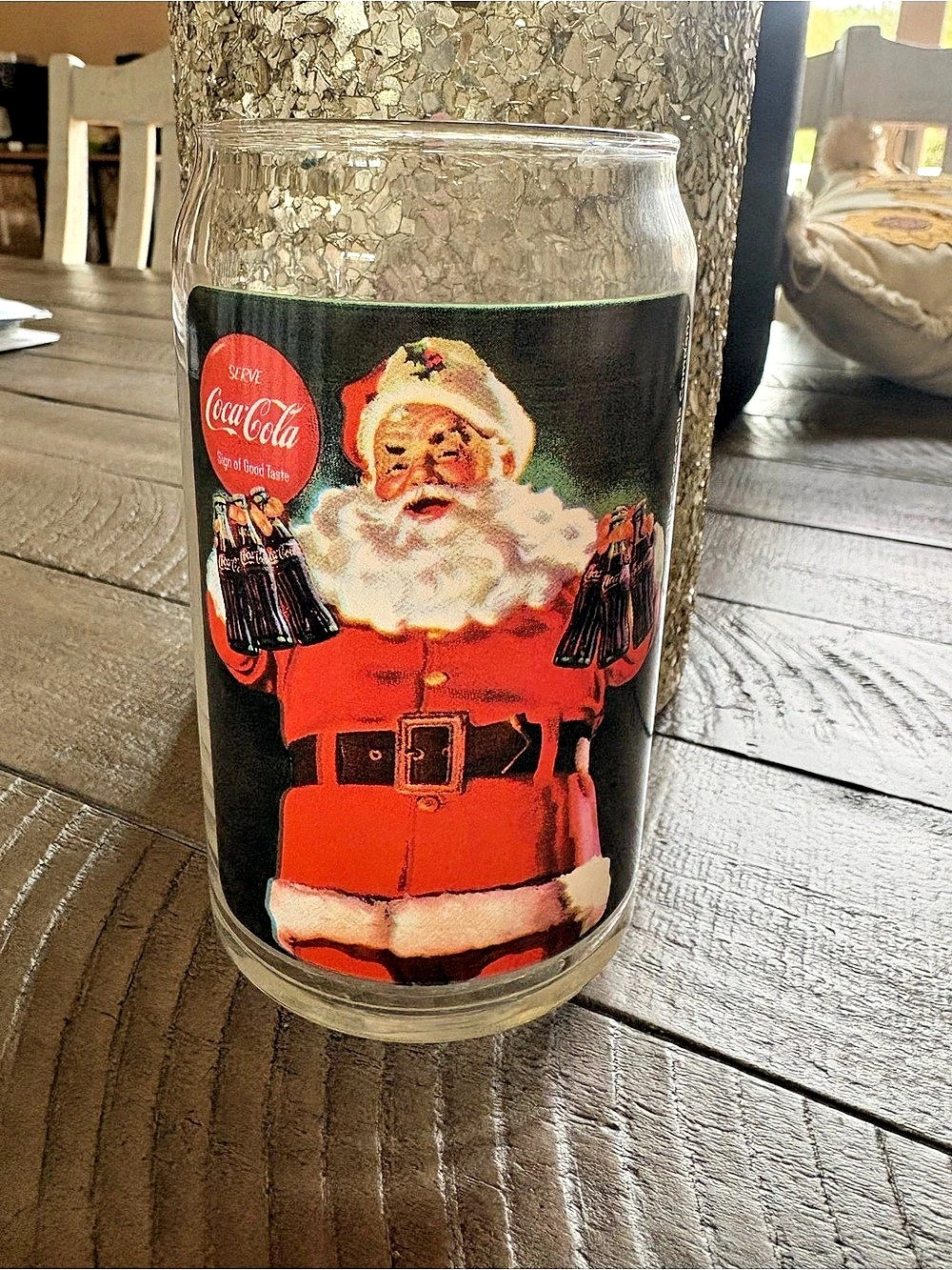 Coca-Cola Haddon Sundblom Santa Glass Can Tumbler Clear & Red